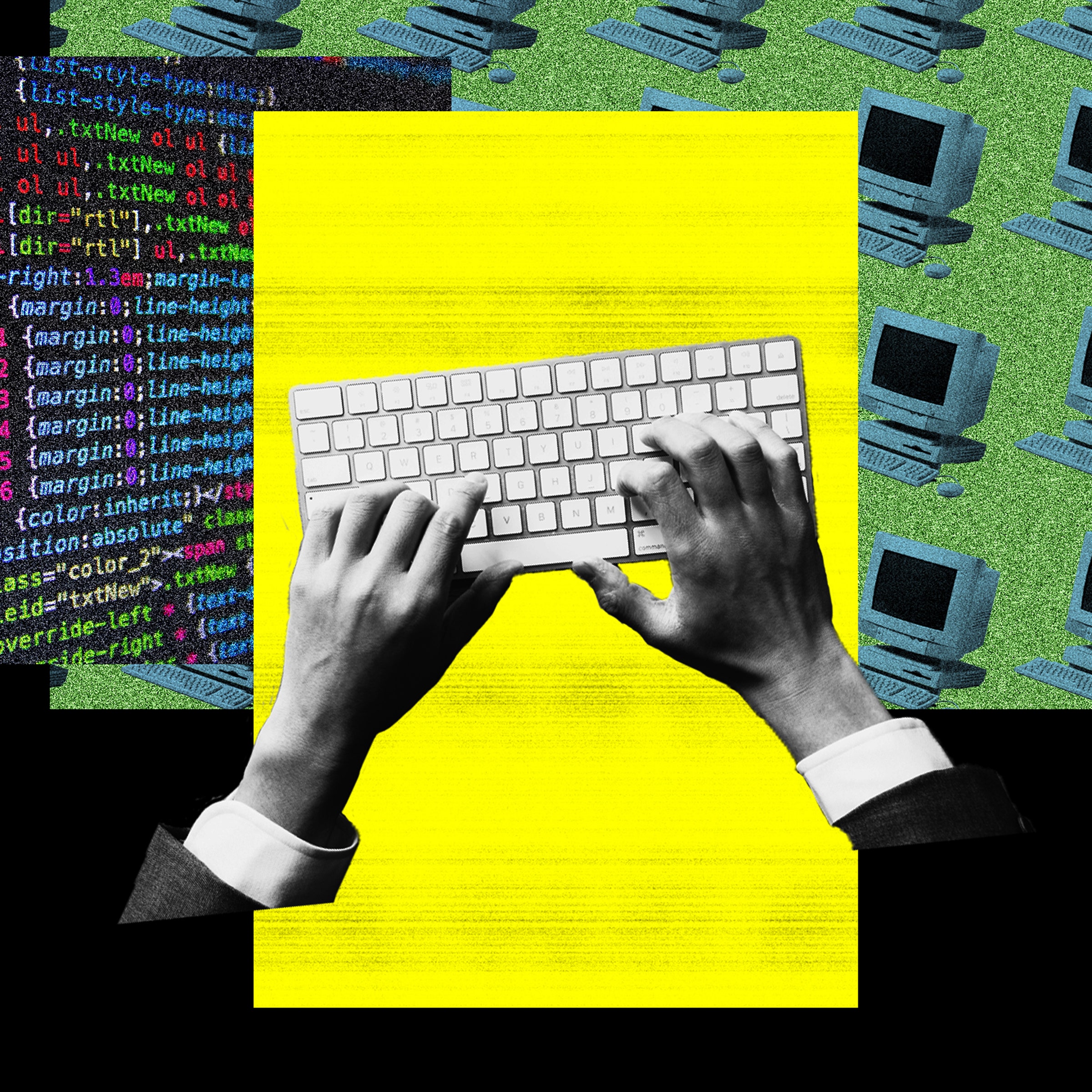 A photo illustration of hands typing collaged against lines of computer code and a pattern of old computer desktops.