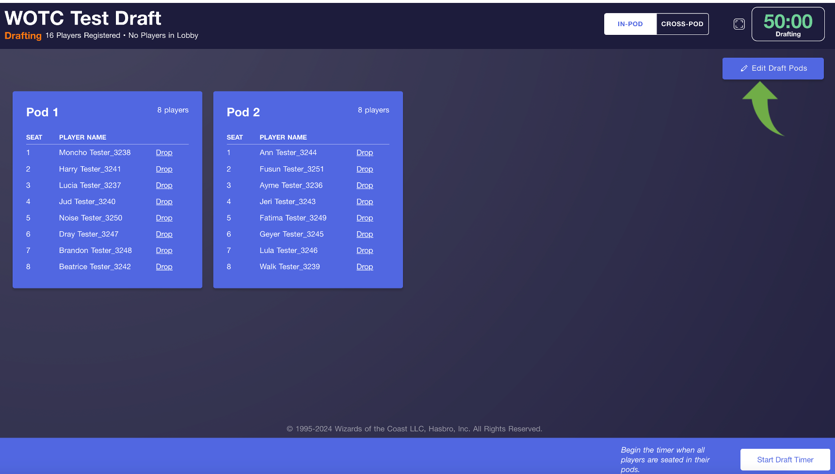 Screenshot of Wizards EventLink WOTC Test Draft with arrow pointing to Edit Draft Pods