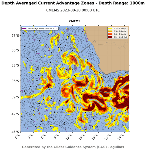 a map showing depth averaged current advantage zones at 1000m