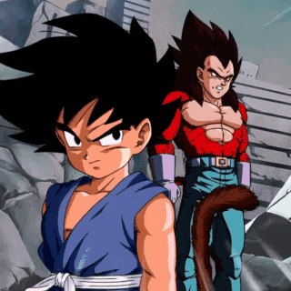 a cartoon of goku and vegeta standing next to each other in front of a building