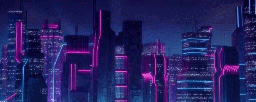 a futuristic city skyline at night with purple and pink neon lights