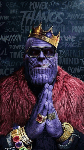 thanos is wearing a fur coat and a crown on his head