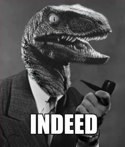 a black and white photo of a man with a dinosaur head holding a pipe with the word indeed written below it