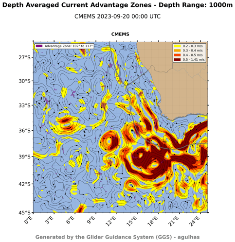 a map showing depth averaged current advantage zones depth range 1000m