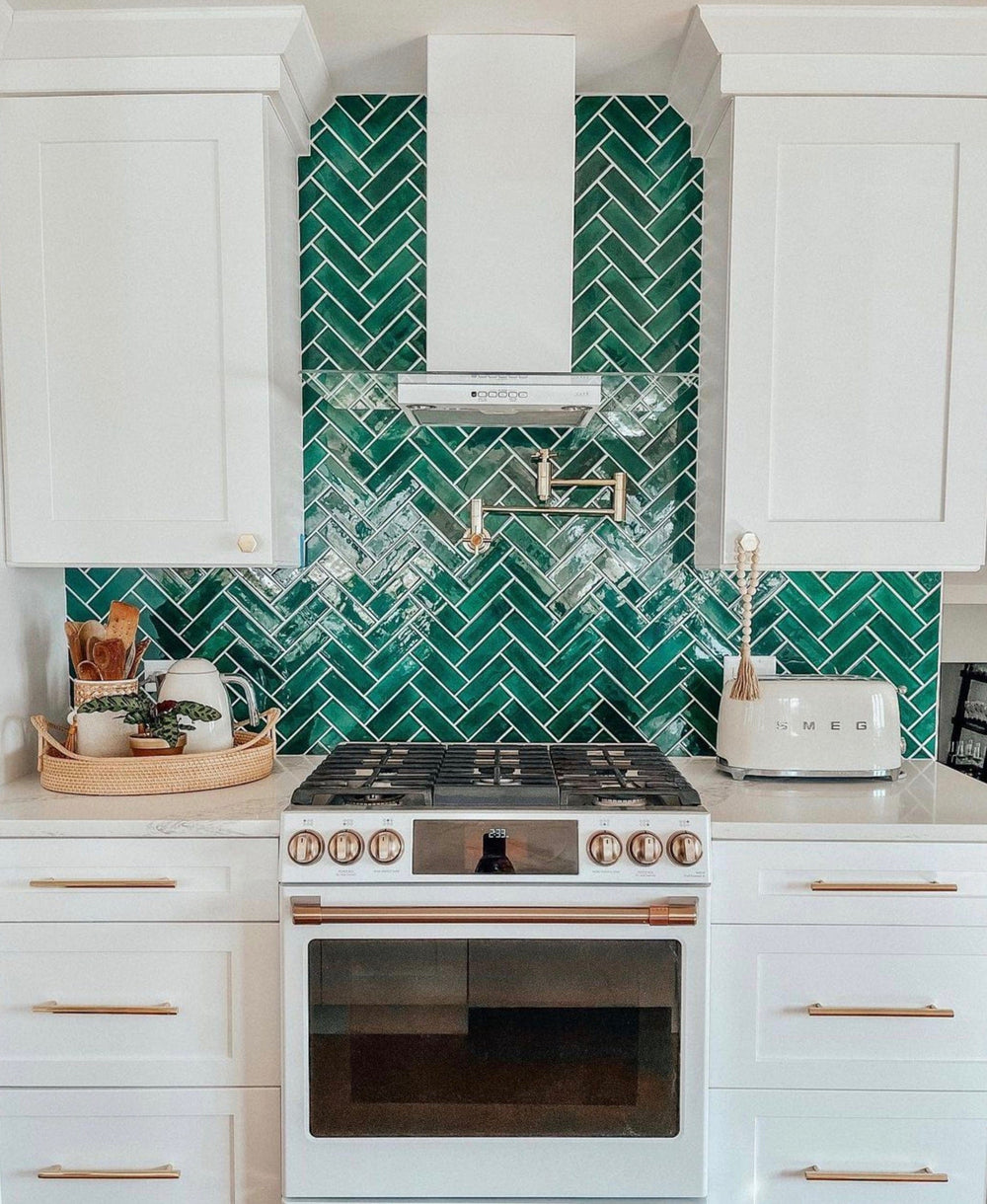 Emerald Herringbone Kitchen Backsplash Inspo