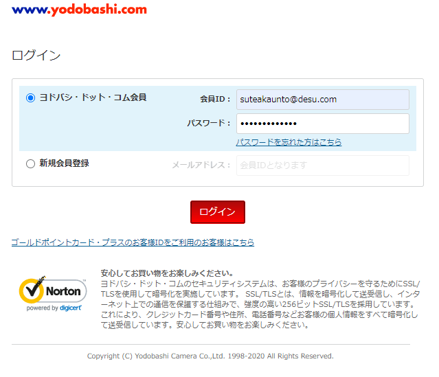 ヨドバシ.comの偽サイトに適当な情報を入力