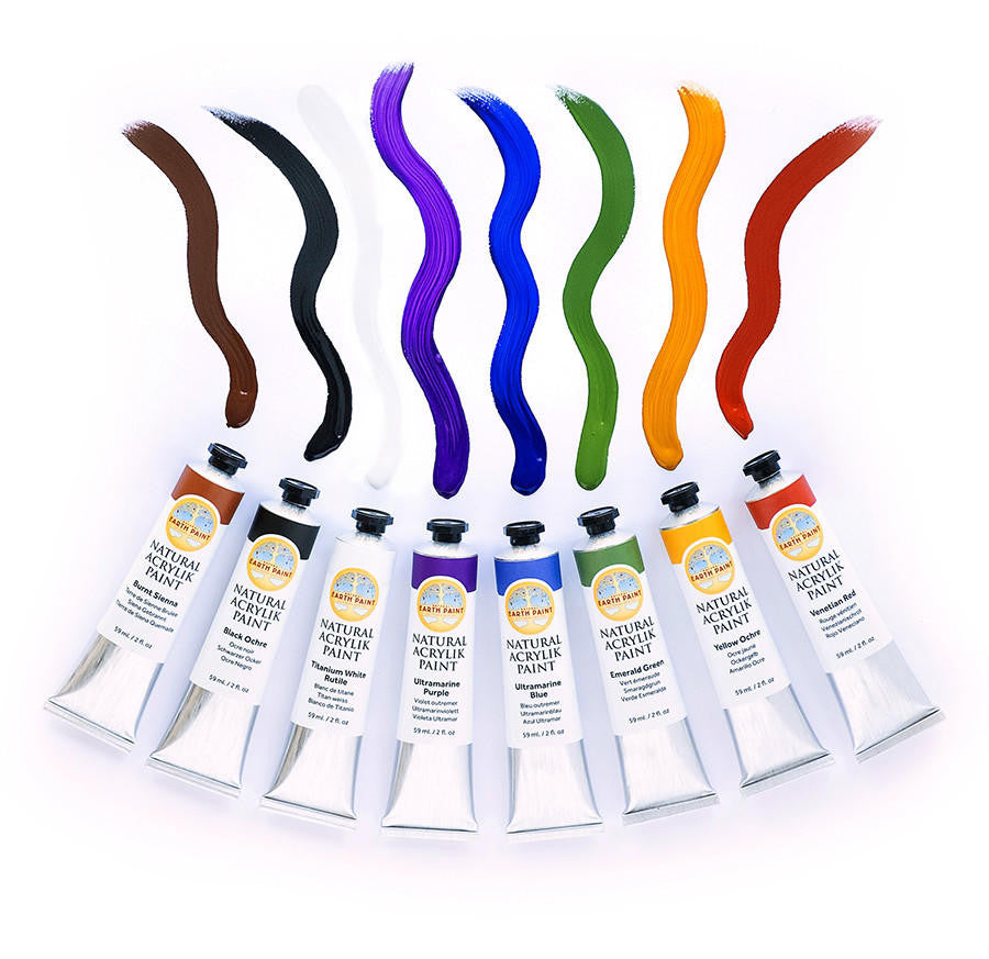 Display showing eight of the Natural Acrylik Paint colors; burnt sienna, black ochre, titanium white, ultramarine purple, ultramarine blue, emerald green, yellow ochre and venetian red