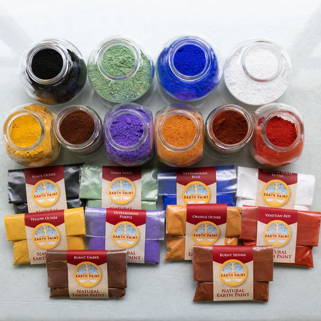 All ten pigments shown in the kit packets and in glass jars