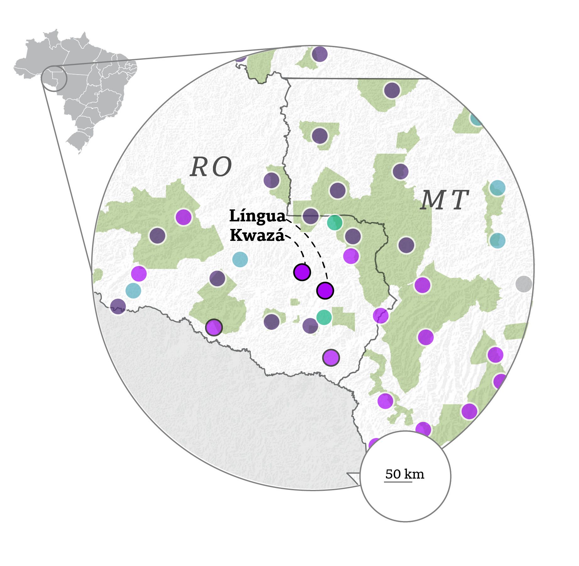 Mapa do Sul de Rondônia onde o kwazá é falado