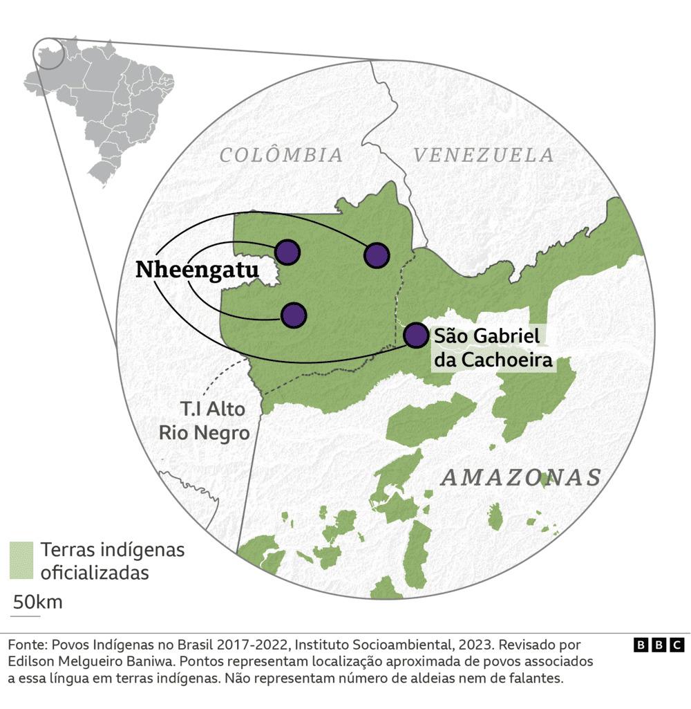 Mapa de localização aproximada dos principais falantes de nheengatu