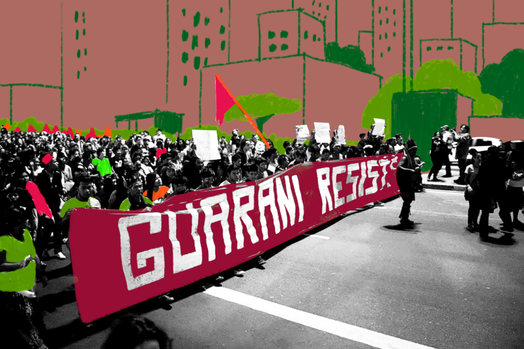 Ilustração sobre fotografia de manifestação em 2013 com faixa "Guarani Resiste", em São Paulo (SP) | Foto: João Claudio Sena