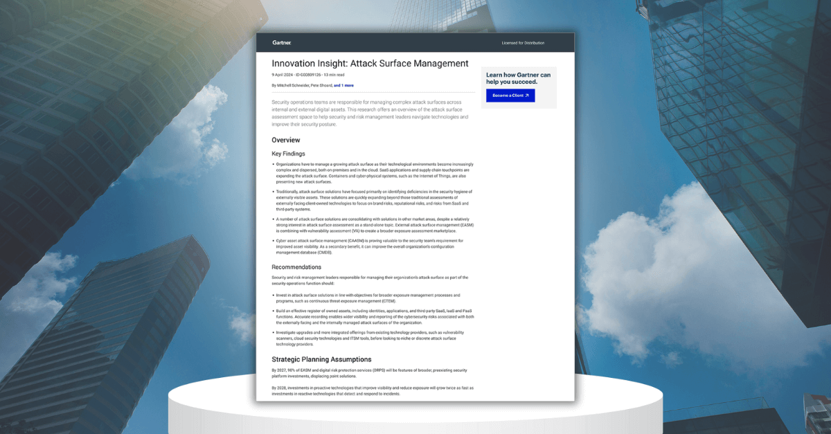 Gartner Innovation Insight: Attack Surface Management, 2024 official thumbnail on cityscape background