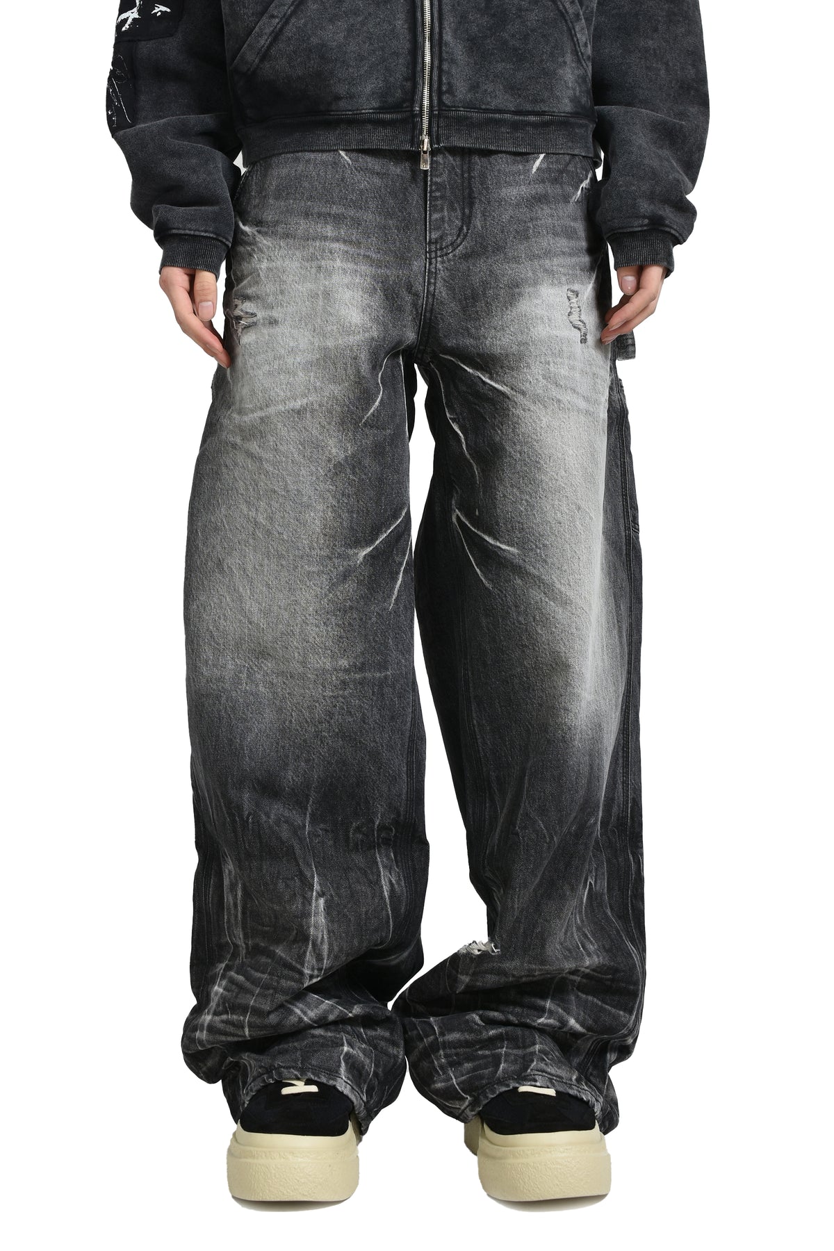 WASHED GREY WIDE BAGGY JEANS / BLK