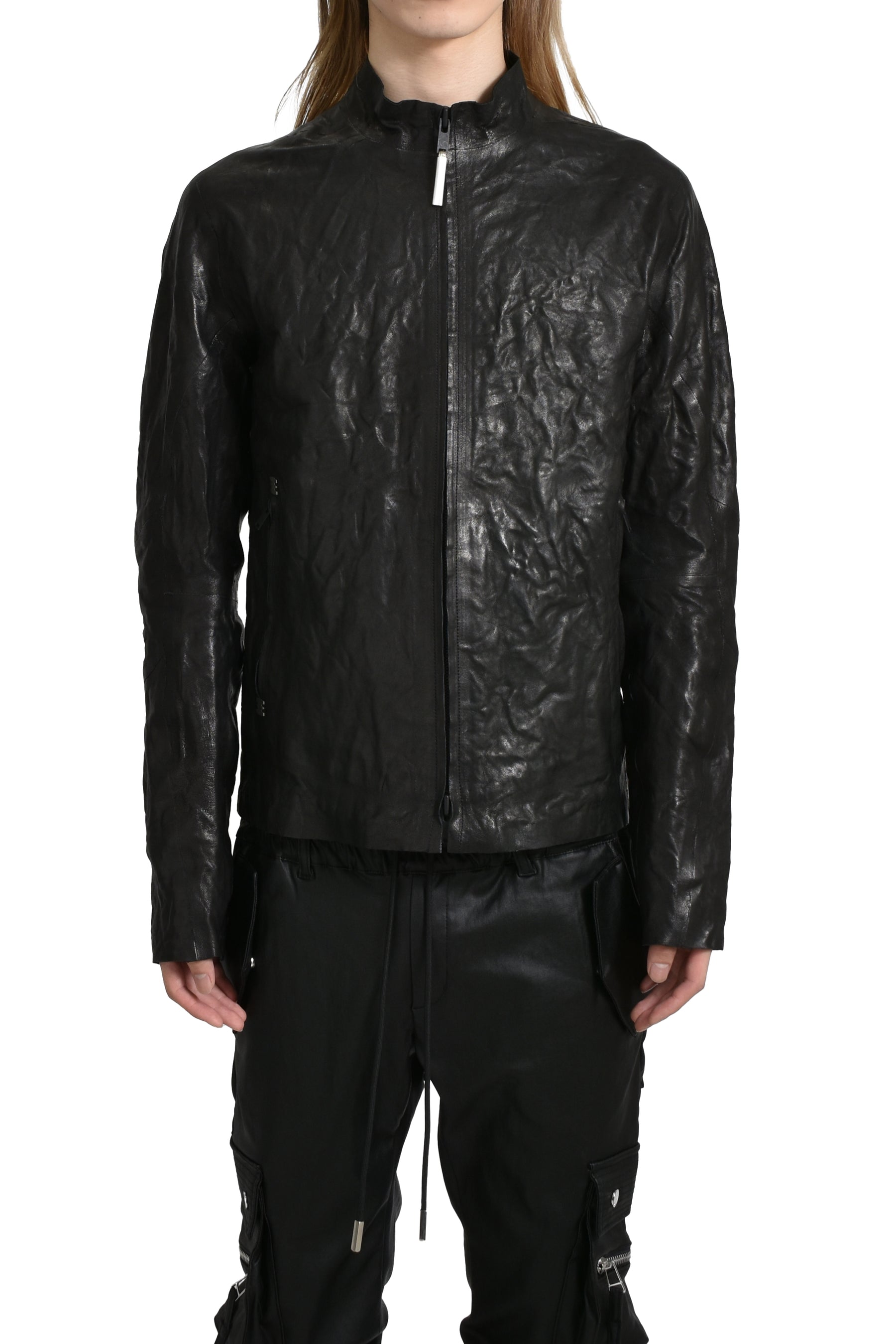 "SEAMLESS" ZIPPED LEATHER JACKET / BLK