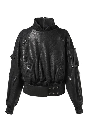 LEATHER BOMBER JACKET PULLOVER / BLK