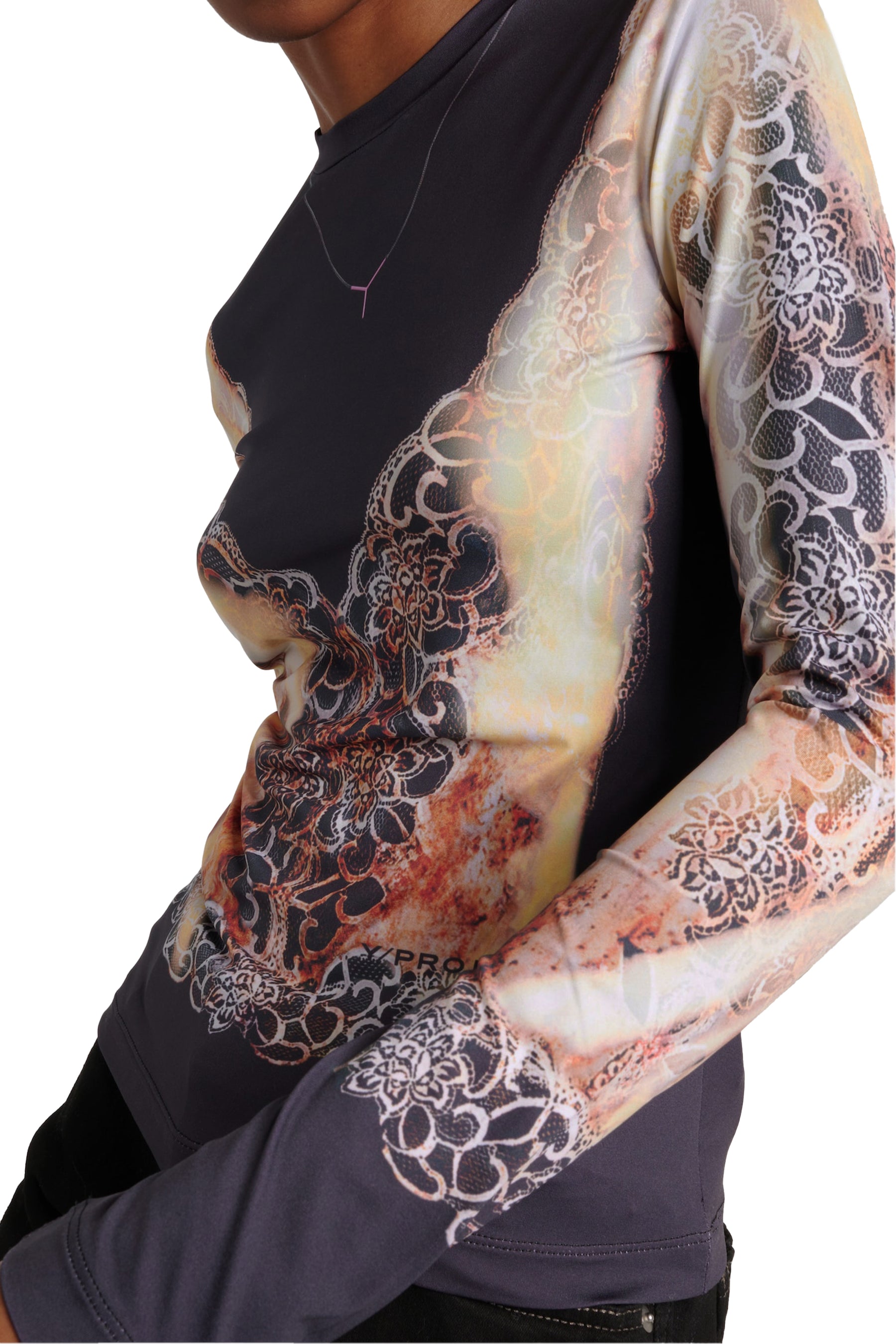 LACE PRINT LONG SLEEVE TOP / BLK