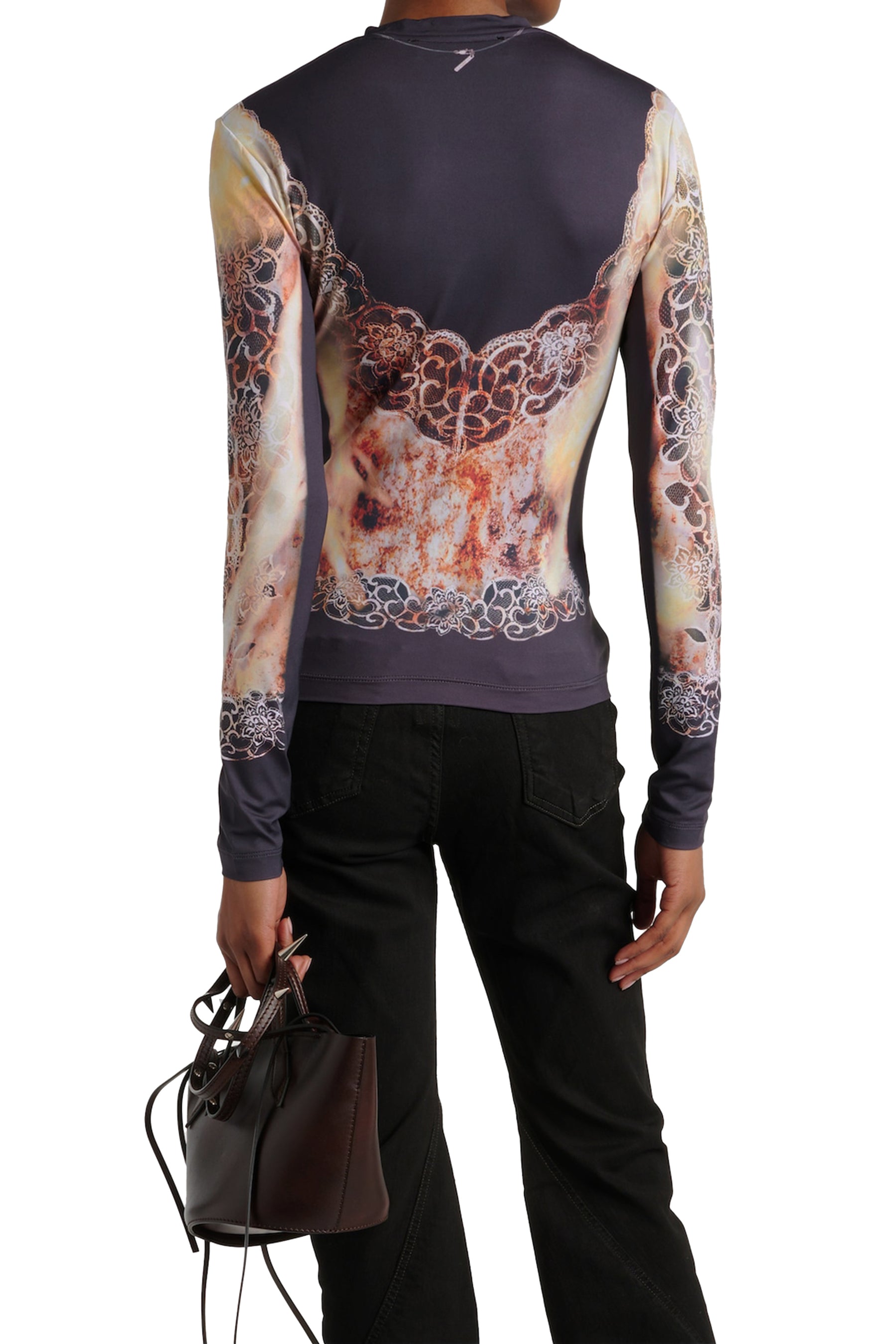 LACE PRINT LONG SLEEVE TOP / BLK