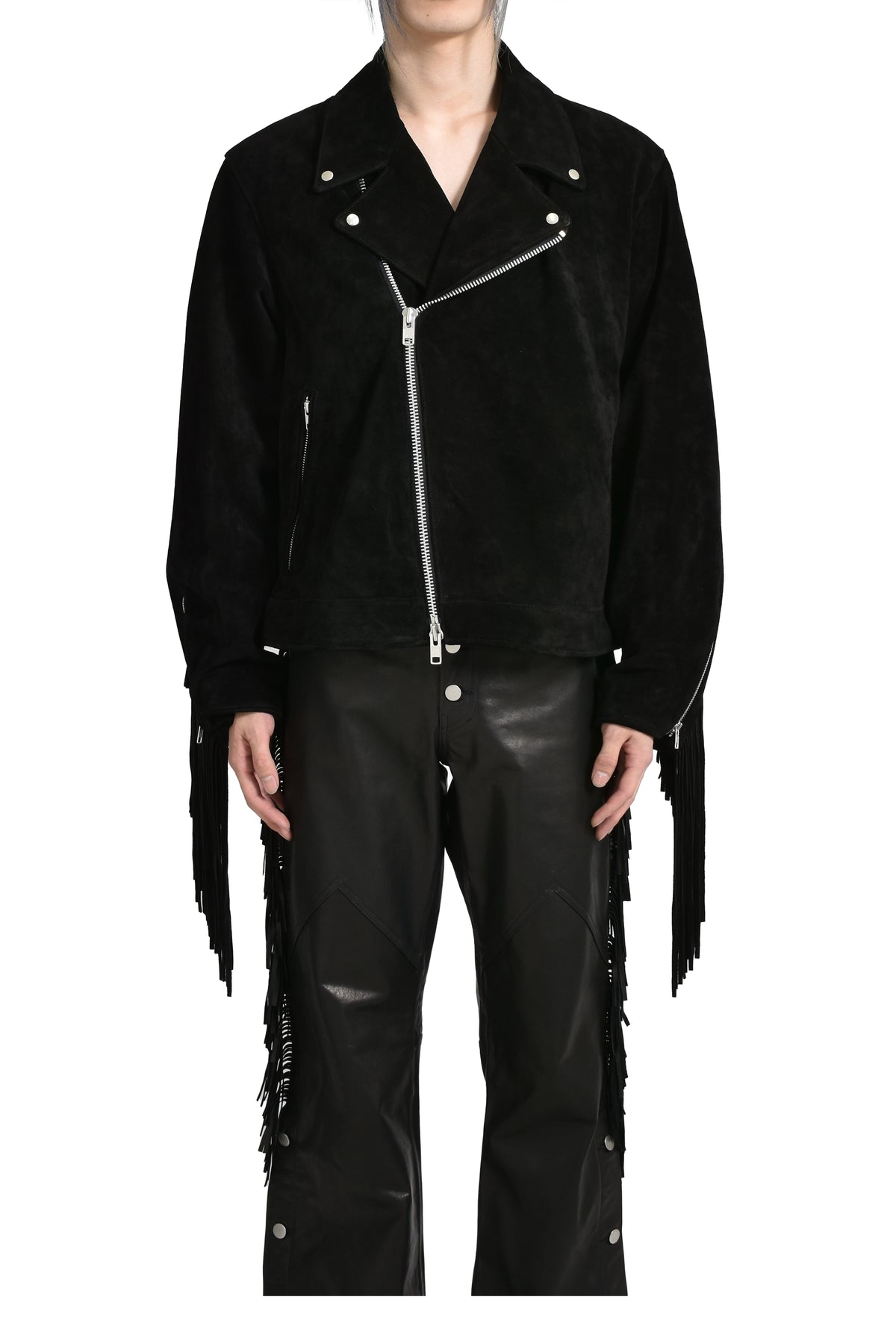 LEATHER FRINGE RIDERS JACKET / BLK