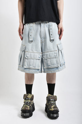 MULTIPOCKET CARGO DENIM SHORTS / BLK