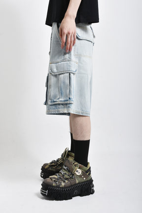 MULTIPOCKET CARGO DENIM SHORTS / BLK