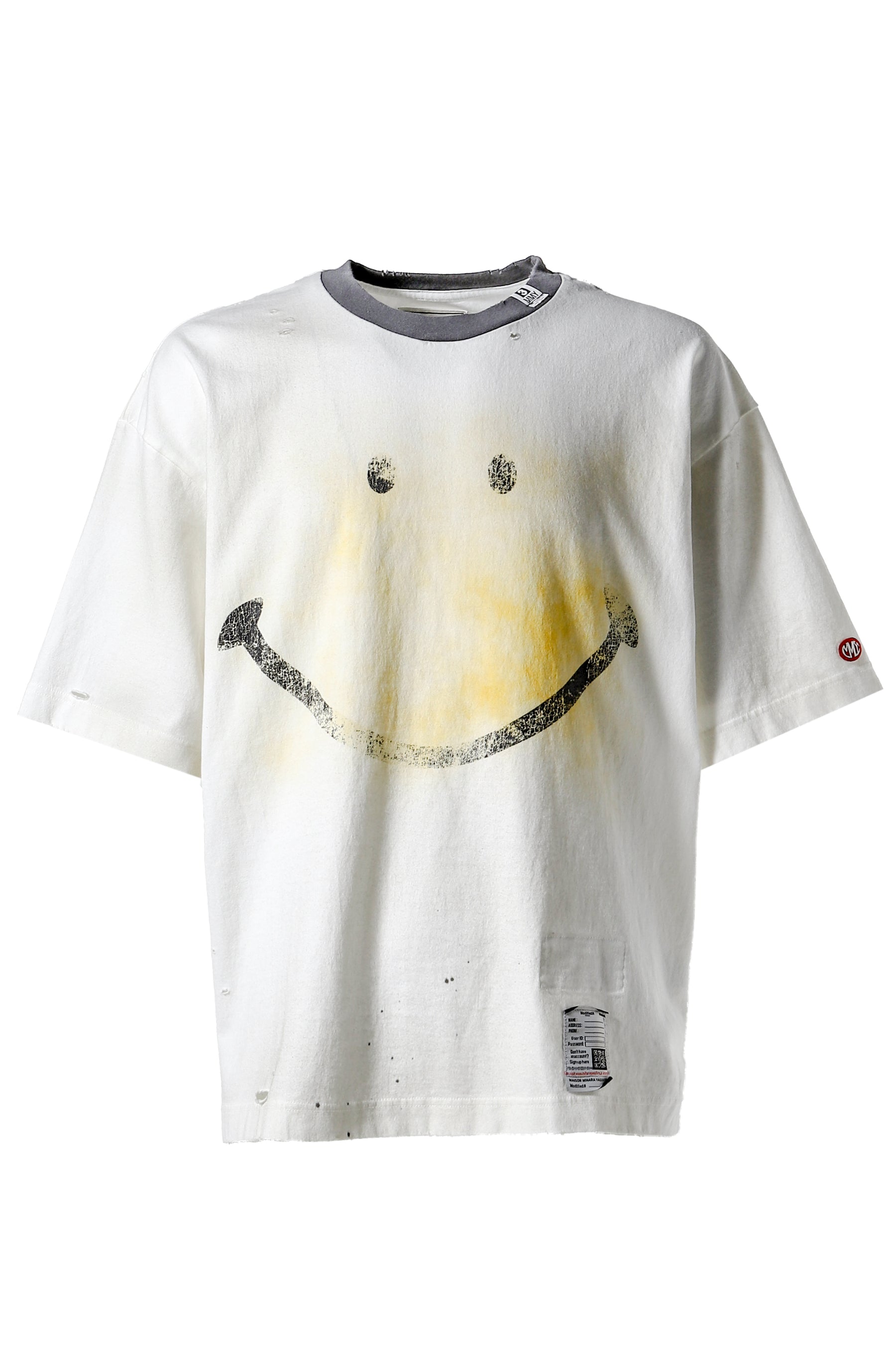 SMILY FACE PRINTED DISTRESSED TEE / WHT