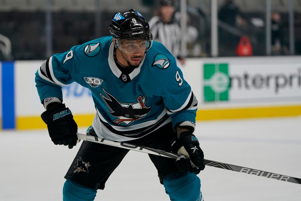 San Jose Sharks left wing Evander Kane (9) during an NHL hockey game against the Vegas Golden Knights in San Jose, Calif., Wednesday, May 12, 2021.