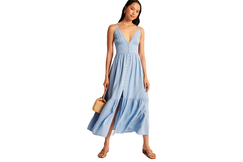 Button-Through Maxi Dress, light blue