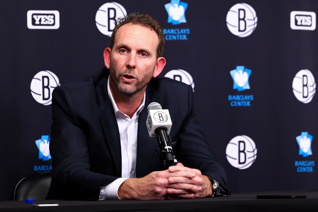 Brooklyn Nets general manager Sean Marks speaks during a press conference before a game between the Brooklyn Nets and the Chicago Bulls in 2022.