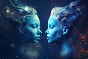 Zodiac sign gemini in cosmic space. Two women in space. Generative AI