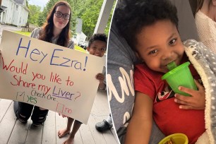 A collage of a young boy, Ezra Toczek, and his former teacher, Carissa Fisher, who is holding a sign indicating her approval as a liver donor to save Ezra's life