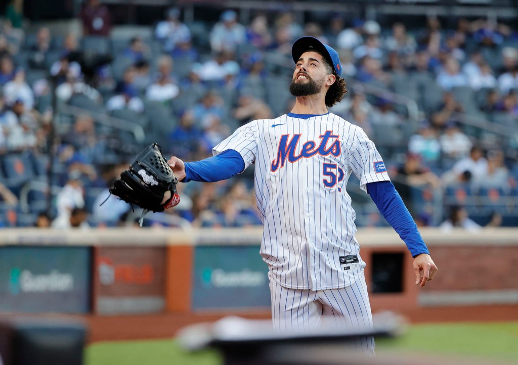 New York Mets relief pitcher Jorge Lopez throws his glove after being taken out of game against the Los Angeles Dodgers in the eighth inning at Citi Field in Queens, New York, USA, Wednesday, May 29, 2024.