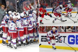 The Rangers celebrate after winning Game 3 over the Panthers; Mika Zibanejad (top right) and Artemi Panarin (bottom right) carry the puck.