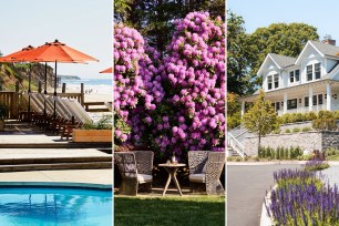 A collage of a house and a pool