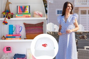 A woman in a blue and white dress shopping at a luxury boutique in the Hamptons.