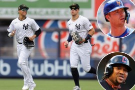 Juan Soto and Aaron Judge jog in from the Yankees outfield; Pete Alonso; Jose Ramirez