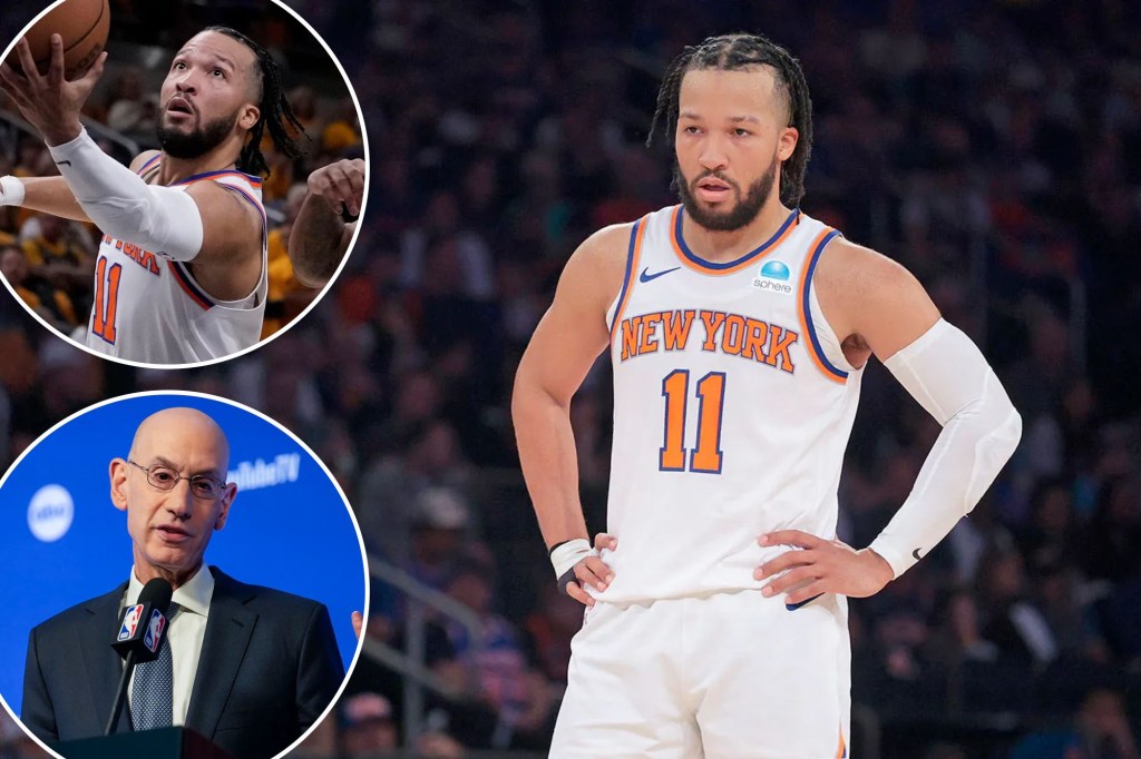 Jalen Brunson looks on during a Knicks game; Brunson attempts a layup; NBA commissioner Adam Silver