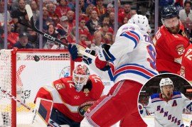 Mika Zibanejad hits the crossbar with a shot during the Rangers' Game 4 loss to the Panthers; Artemi Panarin