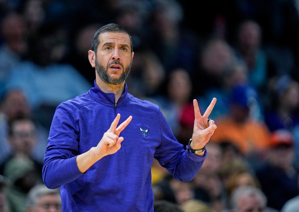 Charlotte Hornets coach James Borrego calling a play during a basketball game, before Kenny Atkinson is chosen for the Cleveland Cavaliers coaching position