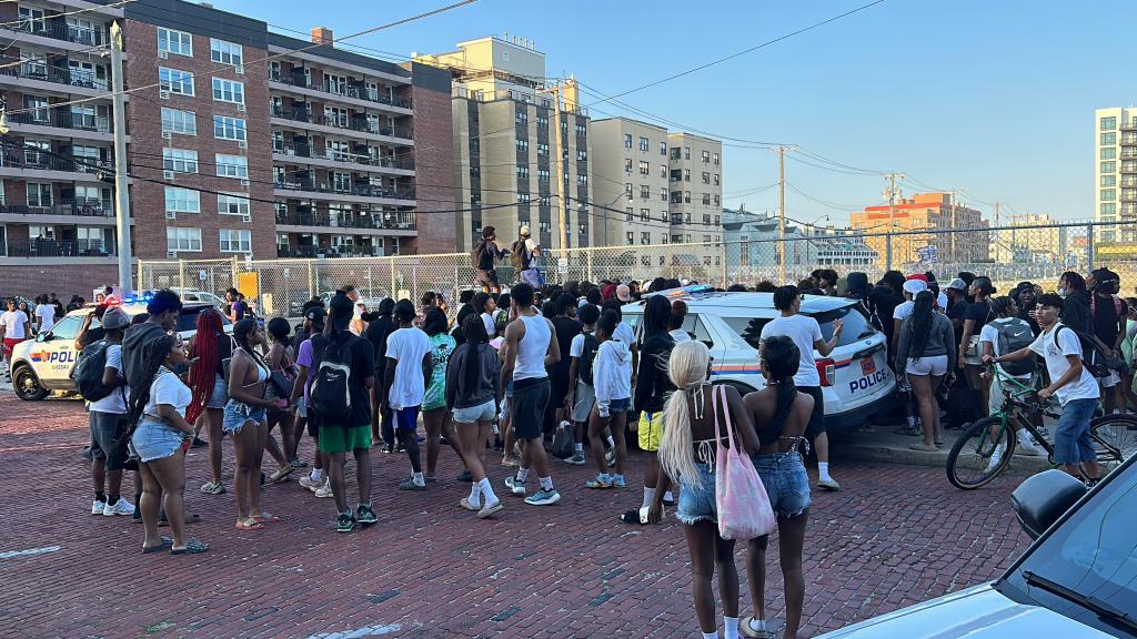 crowd around police car with two people standing on a car in Long Beach