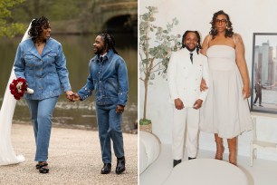 (Left) Casandra Gaspard, 29 and husband Westin, 32, in the park. (Right) Casandra Gaspard, 29 and husband Westin, 32, in white.