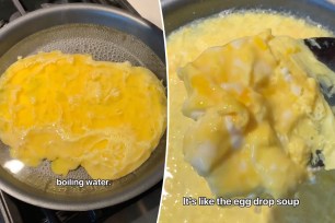 Collage of scrambled eggs made in boiling water