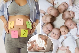 (Left) Pregnant woman contemplating baby names from a list predicted to become extinct in 2024 by Namesberry hub. (Right) Babies. (Inset) A mother and her baby.