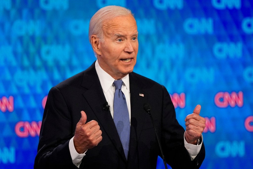 President Joe Biden and former President Donald Trump in a heated debate on stage during the 2024 presidential election debate, Atlanta.