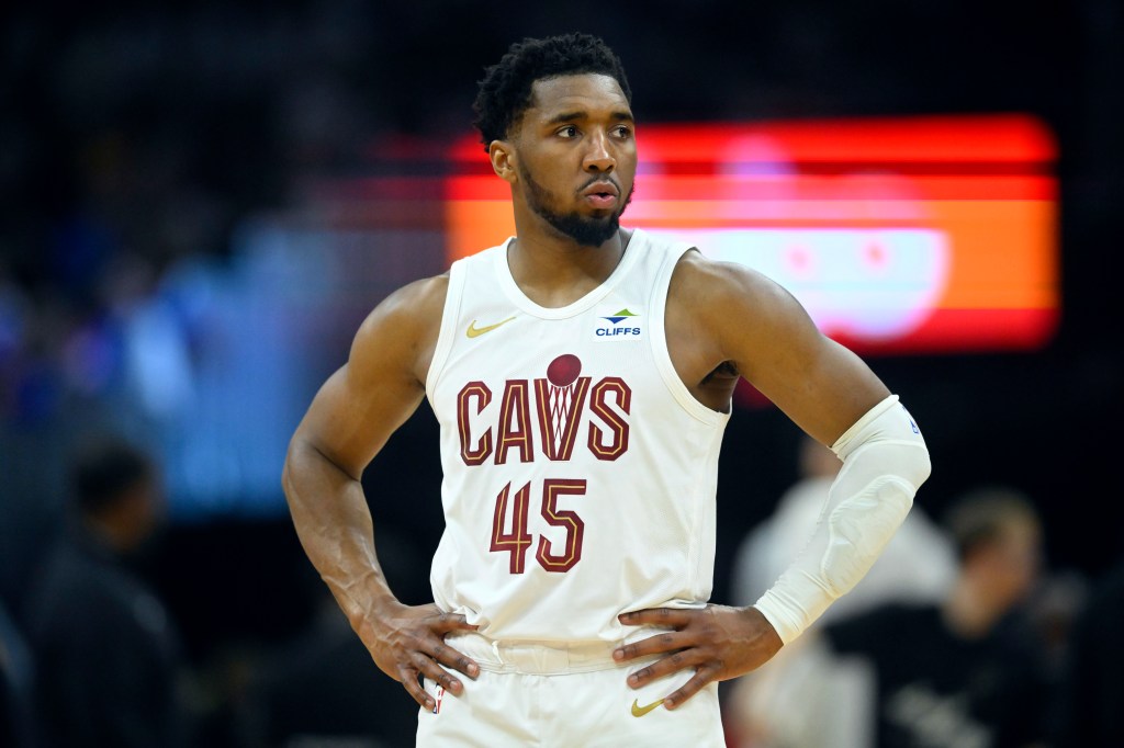 Cleveland Cavaliers guard Donovan Mitchell standing on court during the 2024 NBA playoffs game against the Boston Celtics