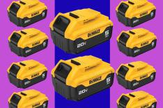 A group of yellow and black DeWalt batteries