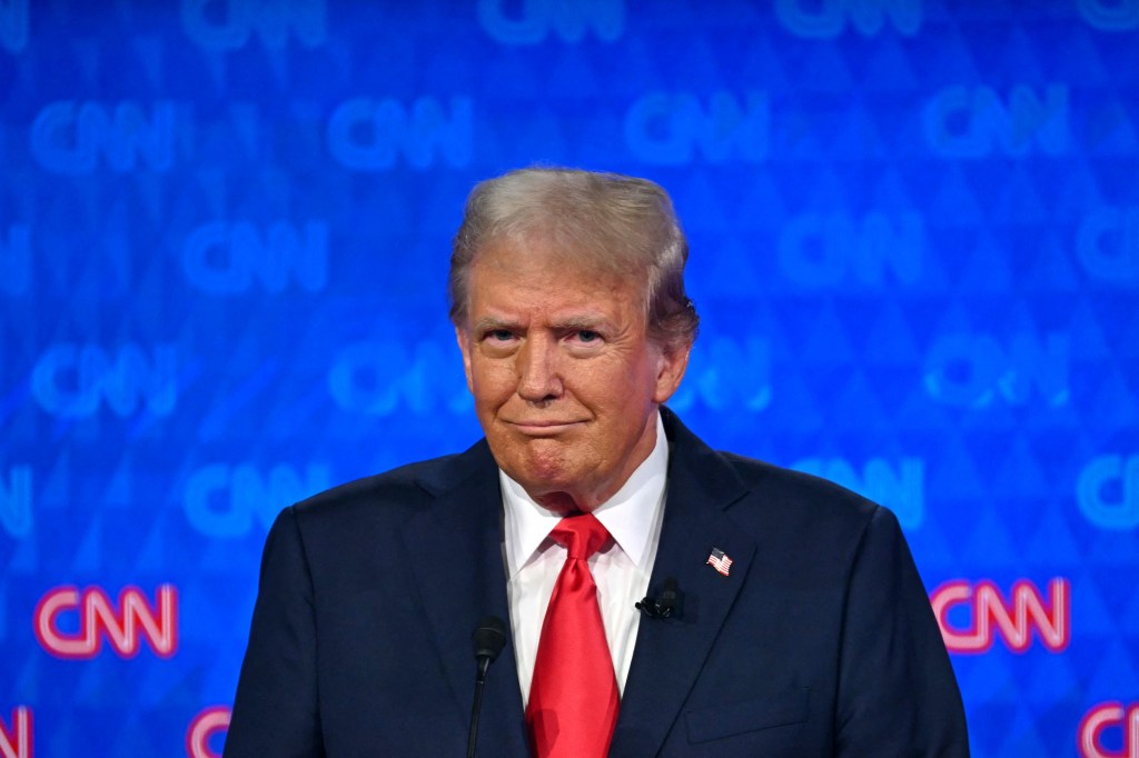 Former US President Donald Trump gesturing during the first presidential debate of the 2024 elections with President Joe Biden in CNN's studios, Atlanta, Georgia.