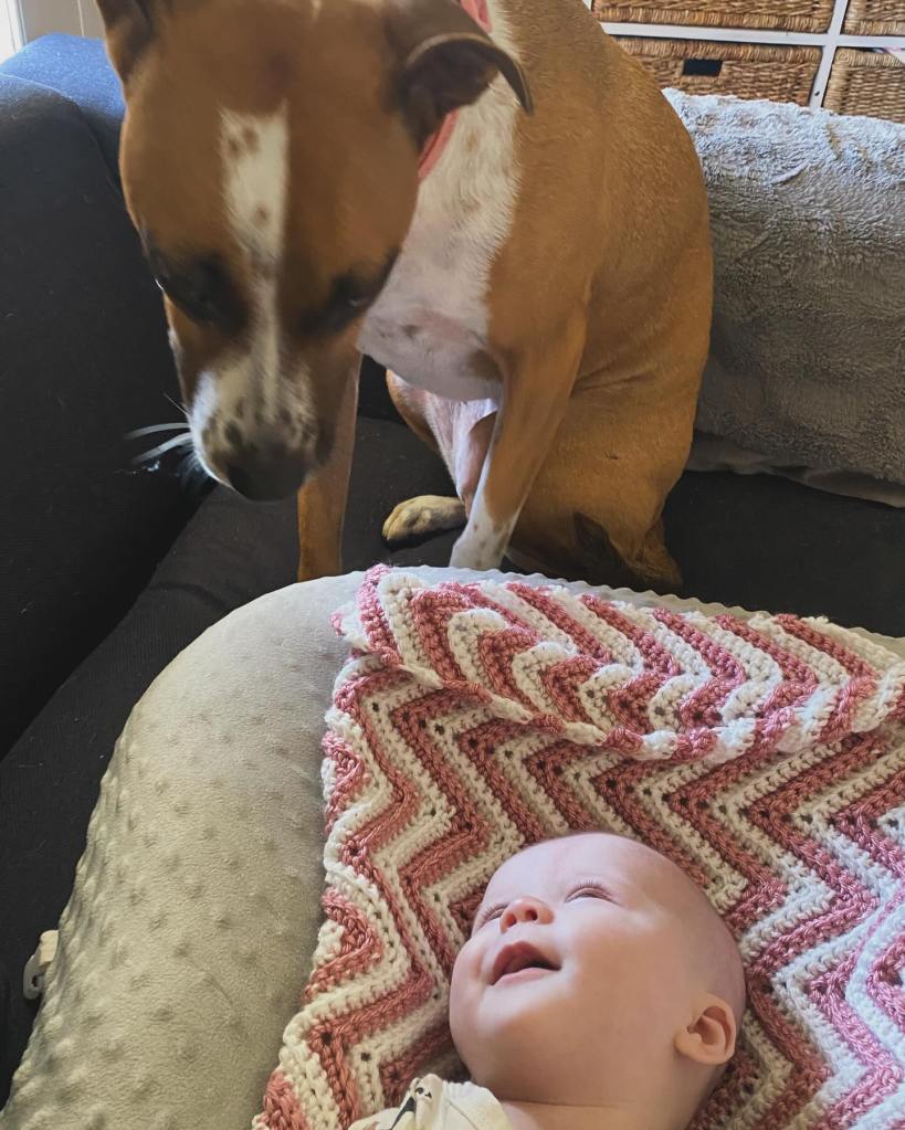 Isabel Wynne Foreman and the family dog Frances looking at a baby