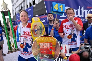 Joey Chestnut at Nathan's and Impossible Foods meat