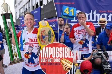 Joey Chestnut at Nathan's contest and Impossible Foods hot dogs