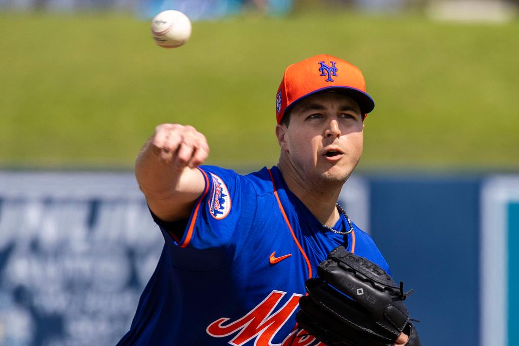 New York Mets starting pitcher Max Kranick throws in the first inning against the Washington Nationals during Spring Training at Cacti Park, Monday, Feb. 26, 2024, in West Palm Beach, FL. 